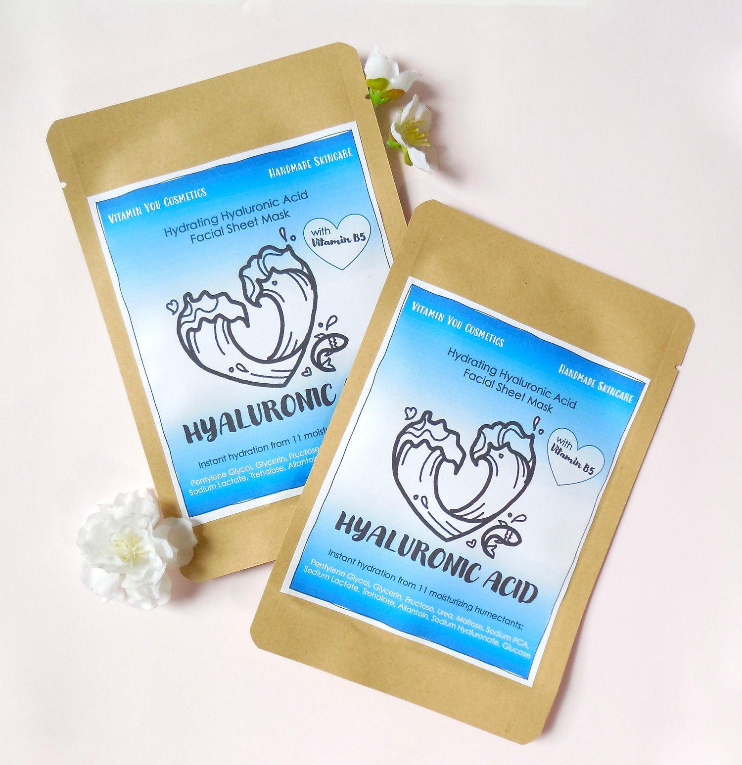 cute ocean heart wave doodle hand drawn with fish hyaluronic acid face mask label