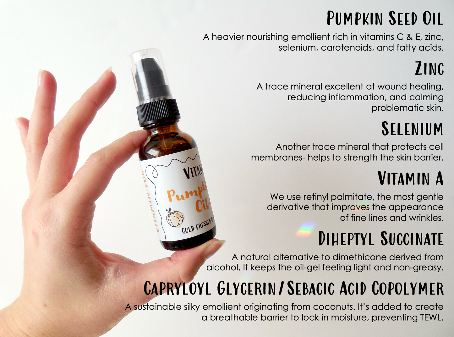 Vitamin A Retinol Facial Oil Gel for sensitive skin made with pumpkin seed oil rich in zinc and selenium, vitamin A, and natural dimethicone alternative. natural serum for antiaging and acne