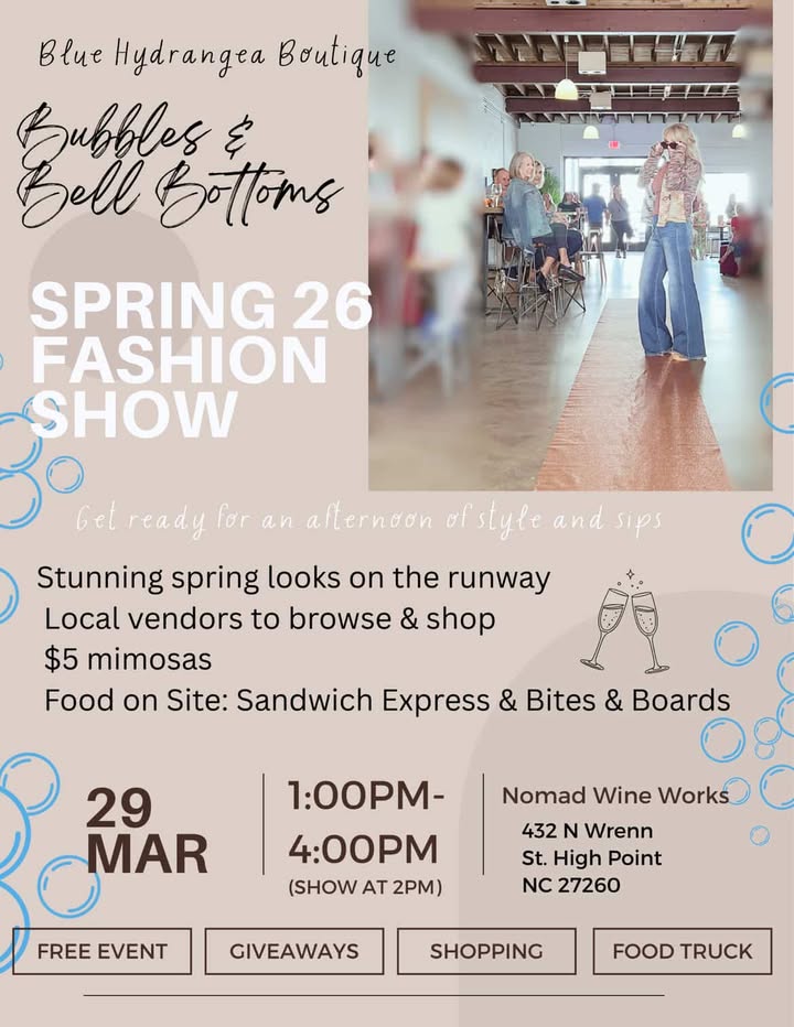 Promotional flyer for a fashion show event at Blue Hydrangea Boutique.
