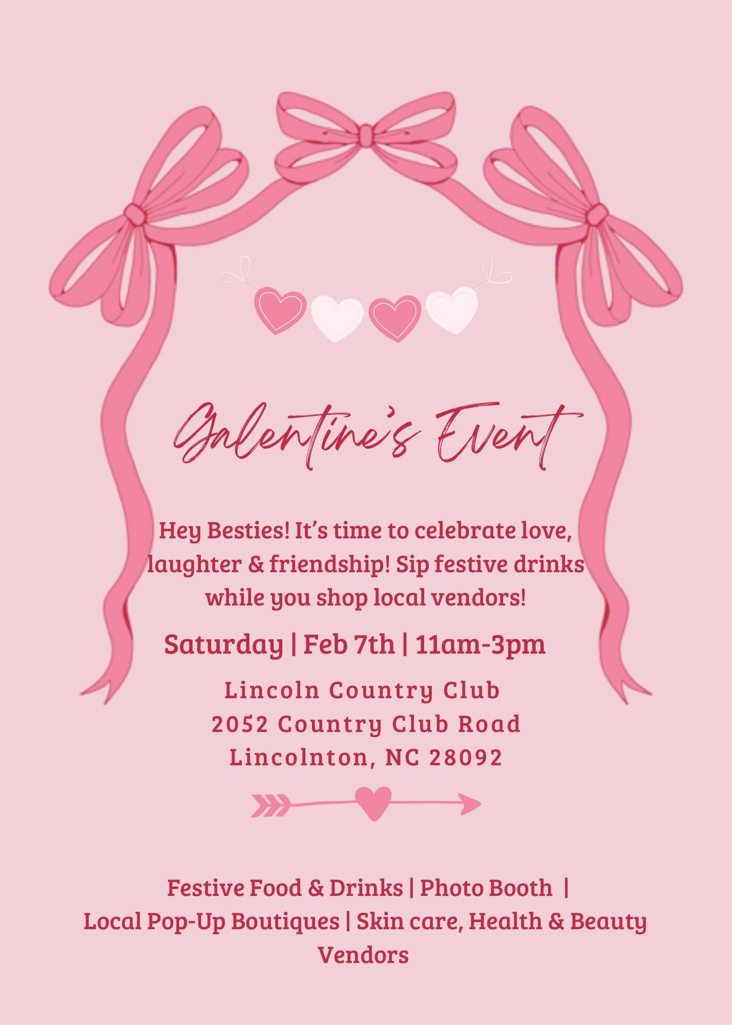 Valentine's Event invitation with pink ribbons and event details on a pink background