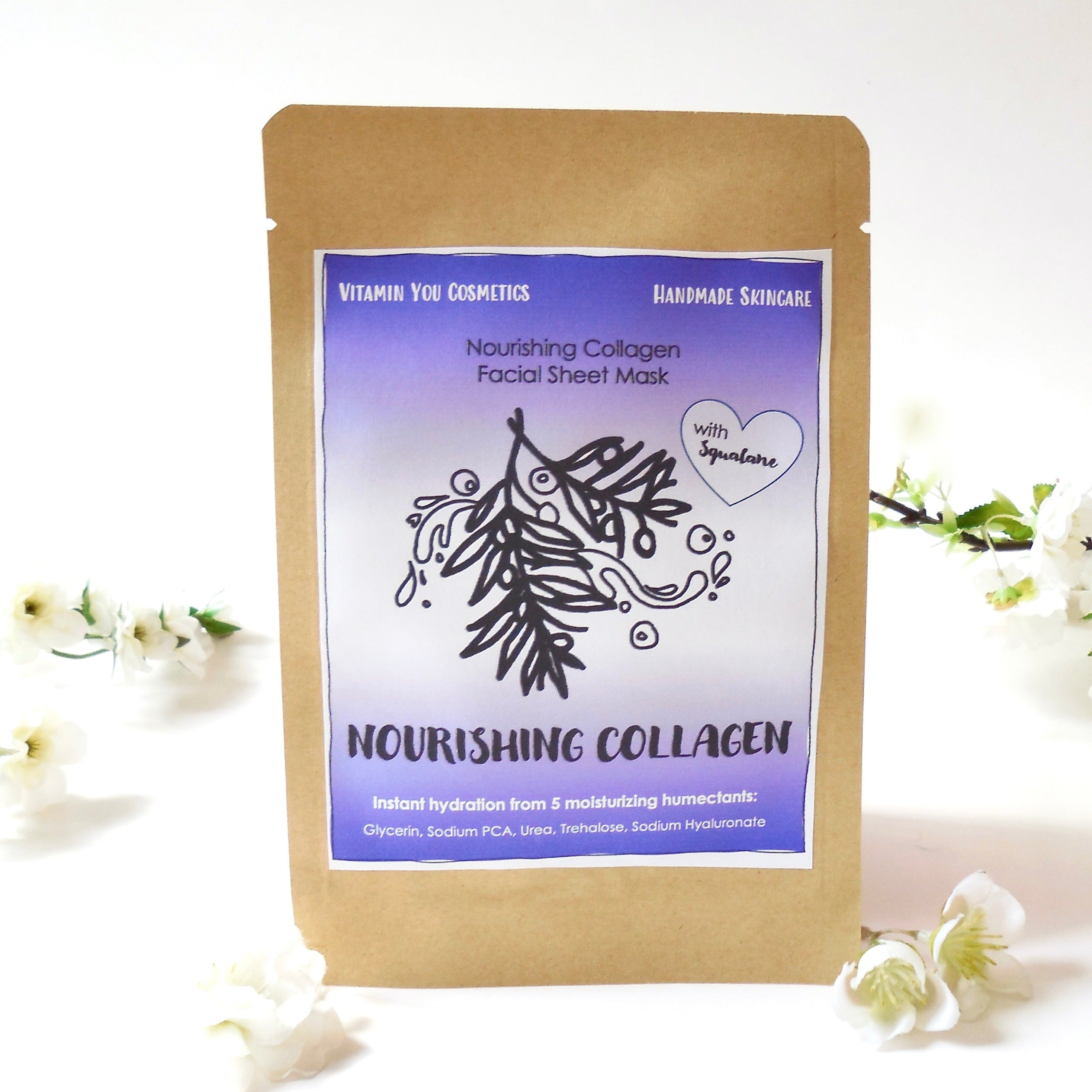 Vitamin You Nourishing Collagen Facial Sheet Mask. Sustainable satchel with a purple and olive oil theme.