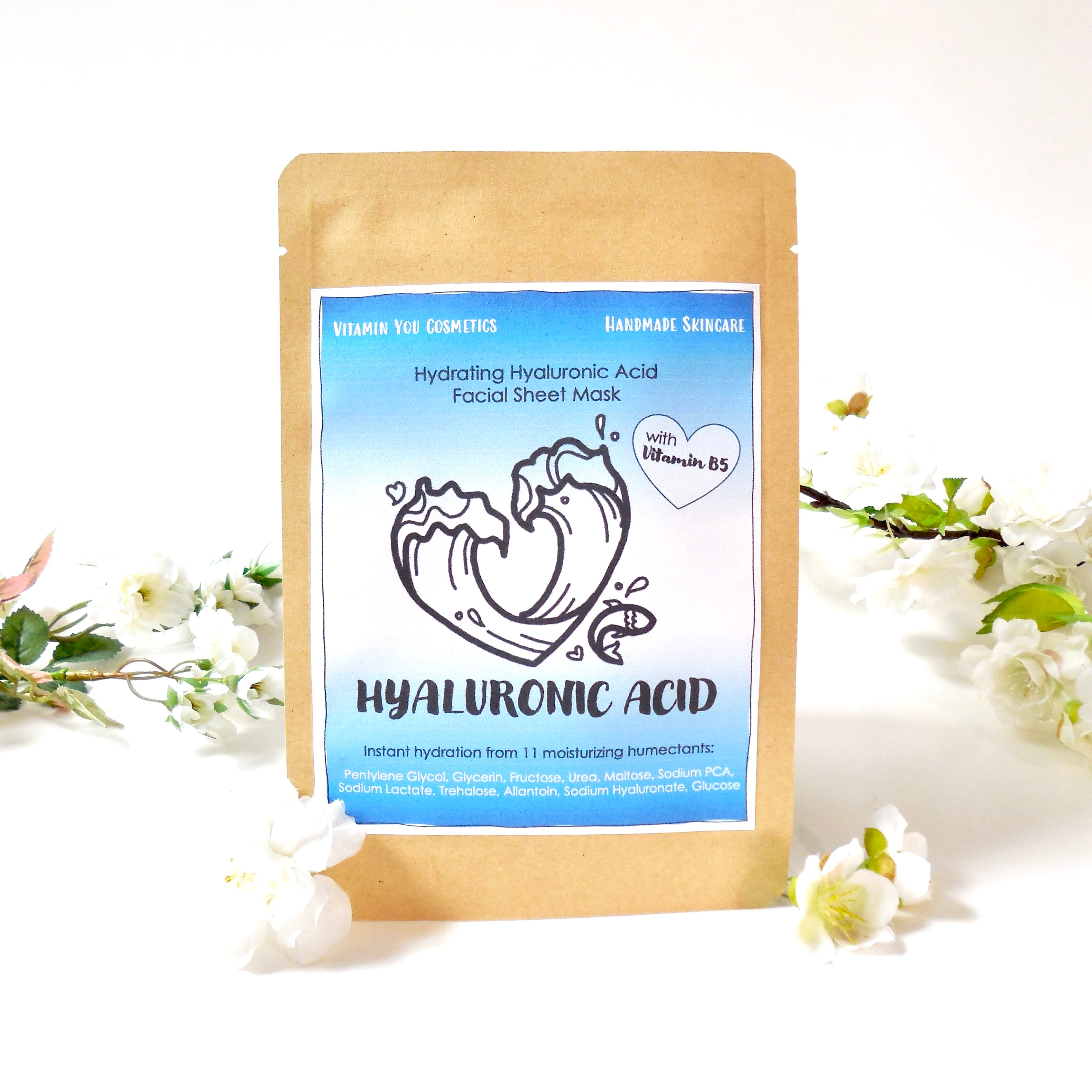 Vitamin You Hyaluronic Acid Facial Sheet Mask. Sustainable kraft satchel with a blue ocean theme.