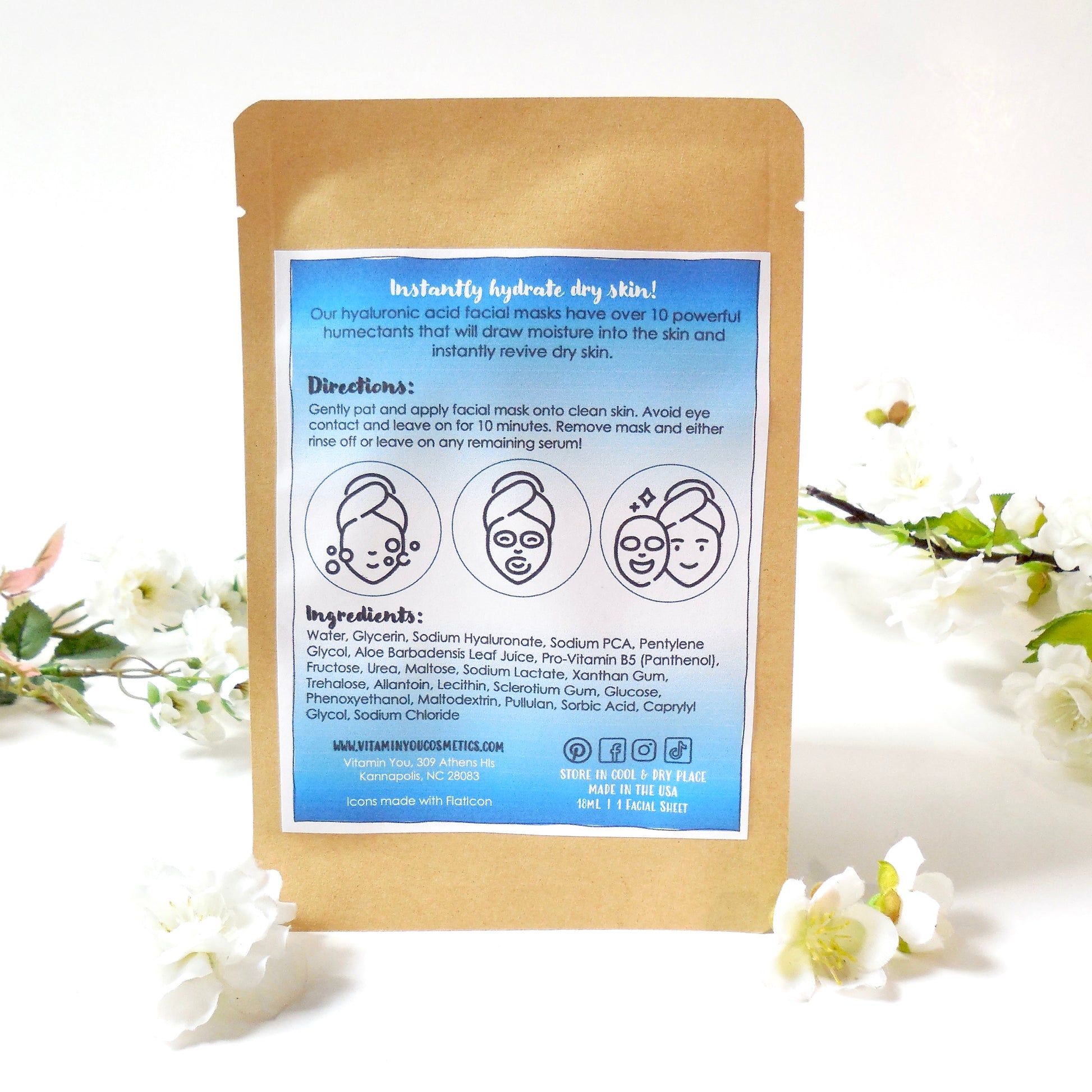 Back of facial mask product satchel. It's so cute and blue.