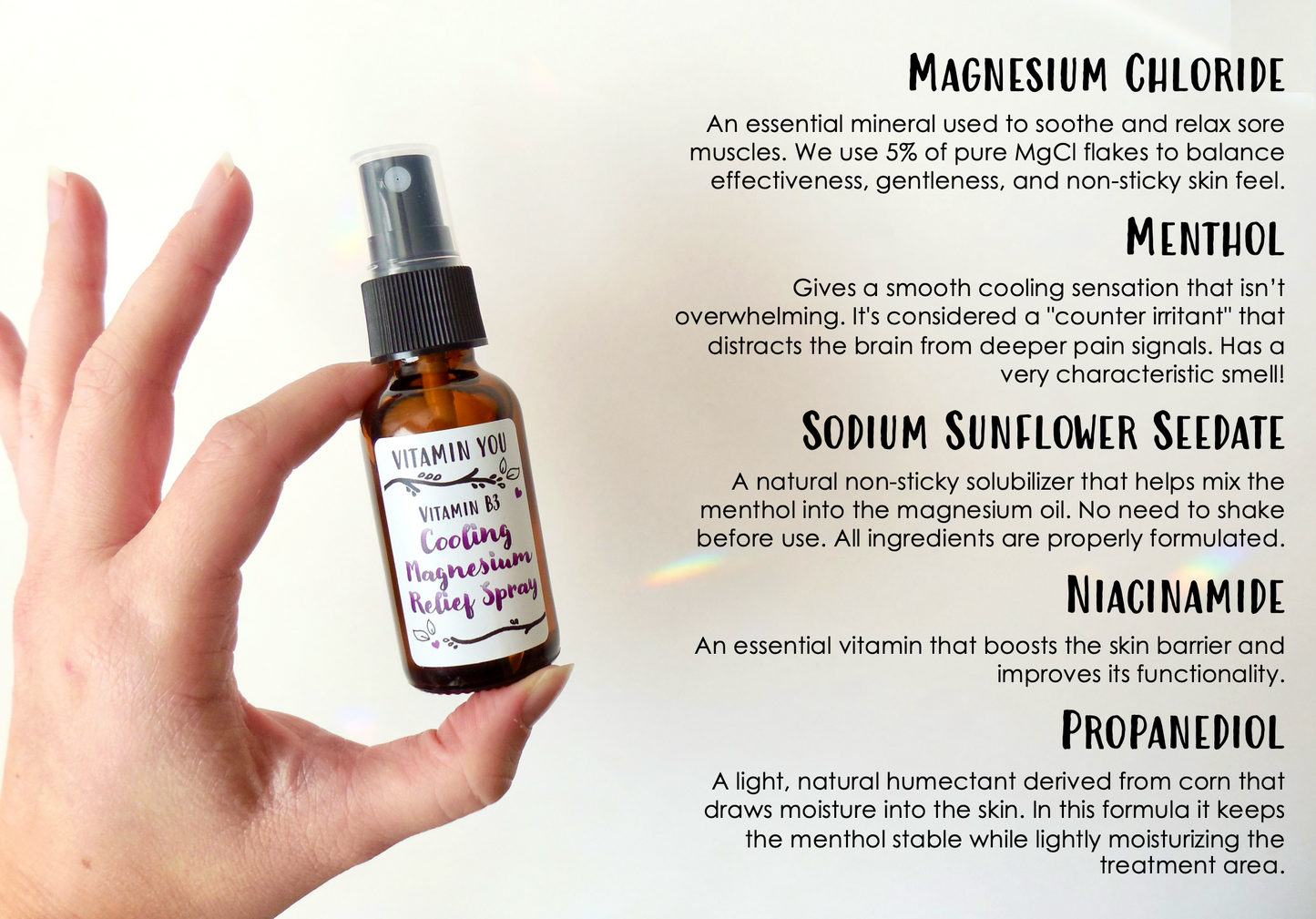 Hand holding a bottle of magnesium chloride relief spray with product details on a white background