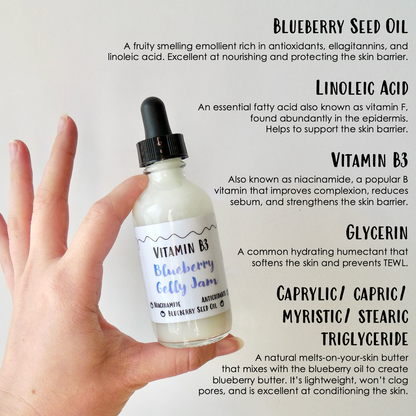 Key Ingredients highlighted including: Blueberry Seed Oil, Vitamin B3, Glycerin, and Caprylic/ Capric/ Myristic/ Stearic Triglycerides