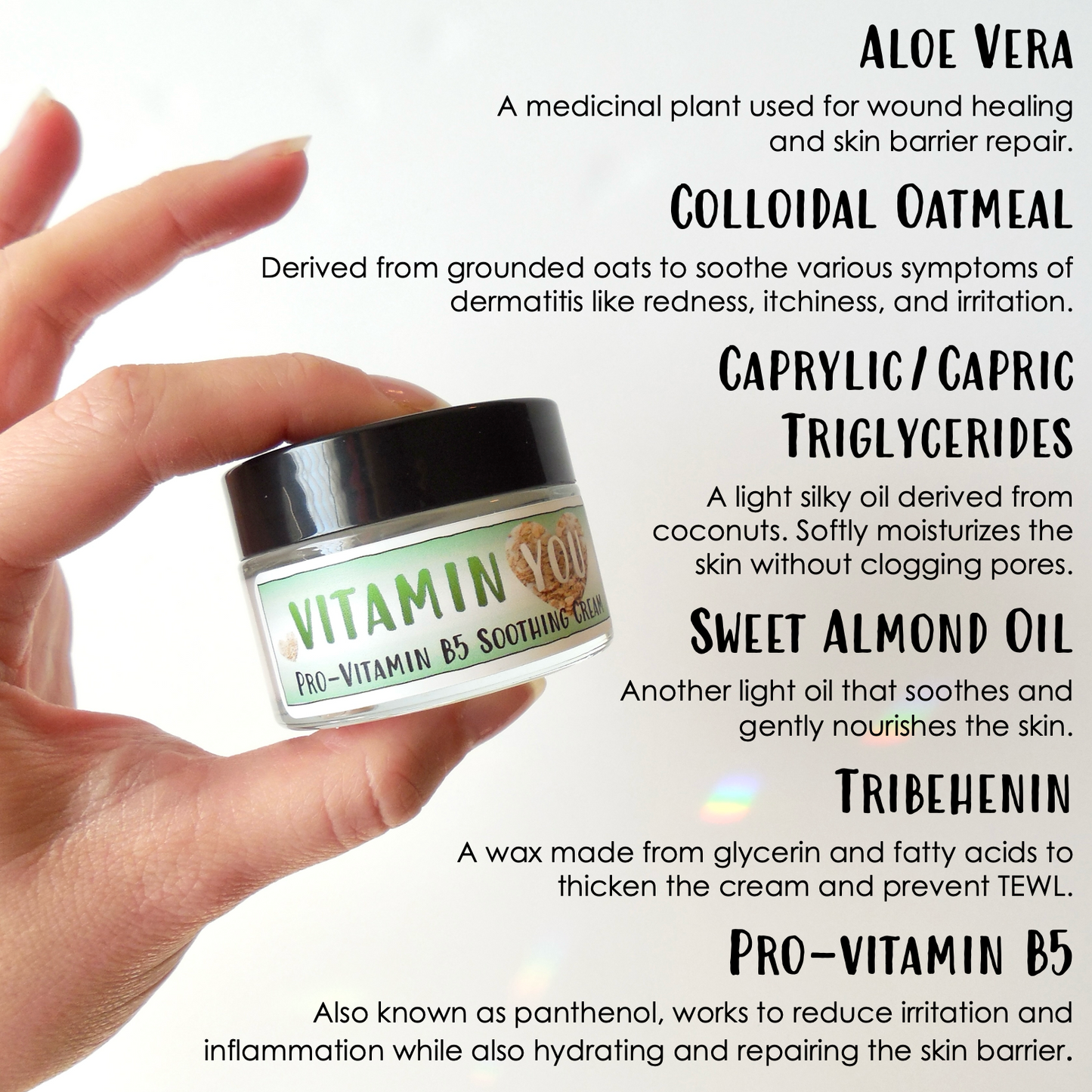 Ingredient Highlights including: aloe vera, colloidal oatmeal, triglycerides, sweet almond oil, and provitamin B5