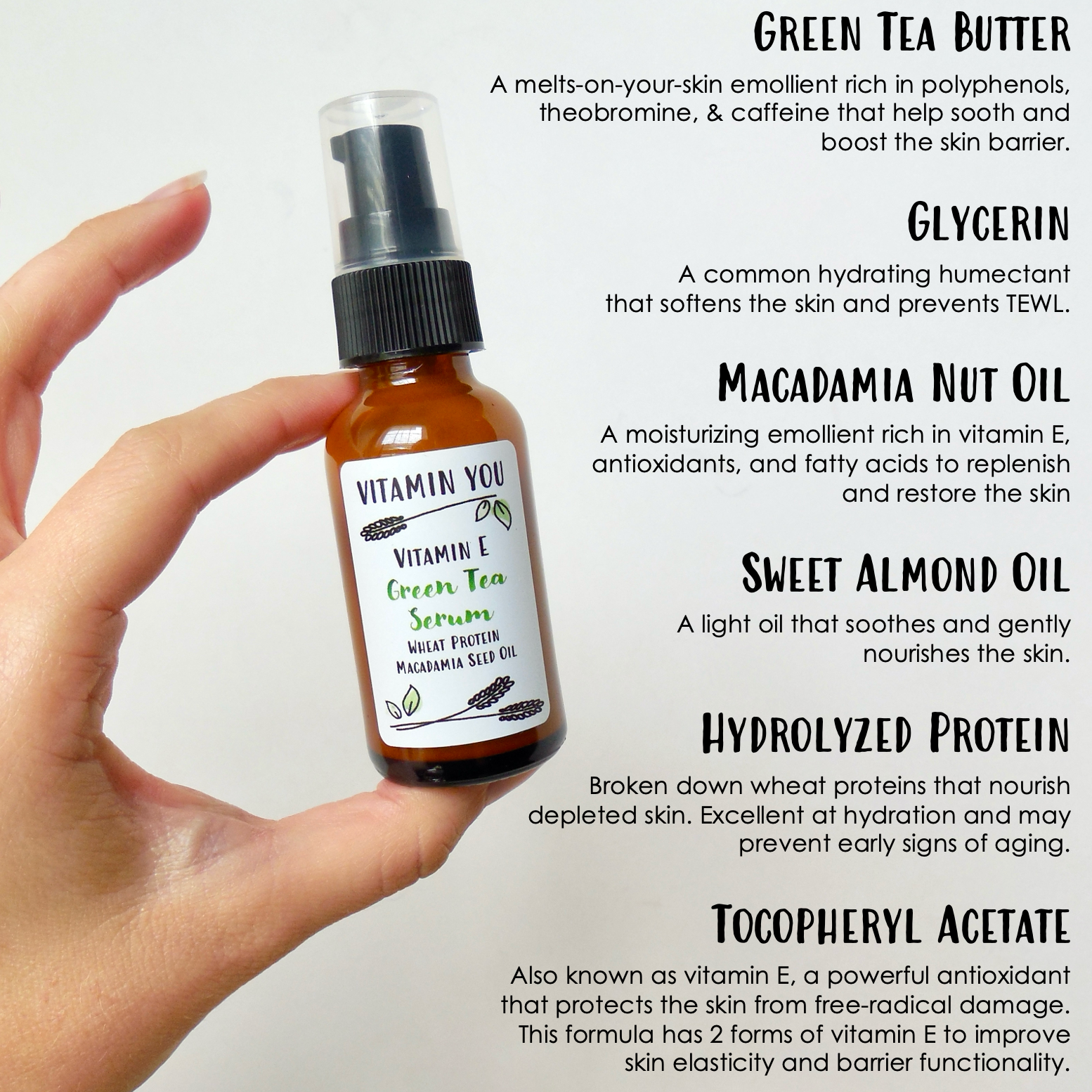 Ingredient Highlights including green tea butter, glycerin, macadamia nut oil, sweet almond oil, wheat proteins, and vitamin E