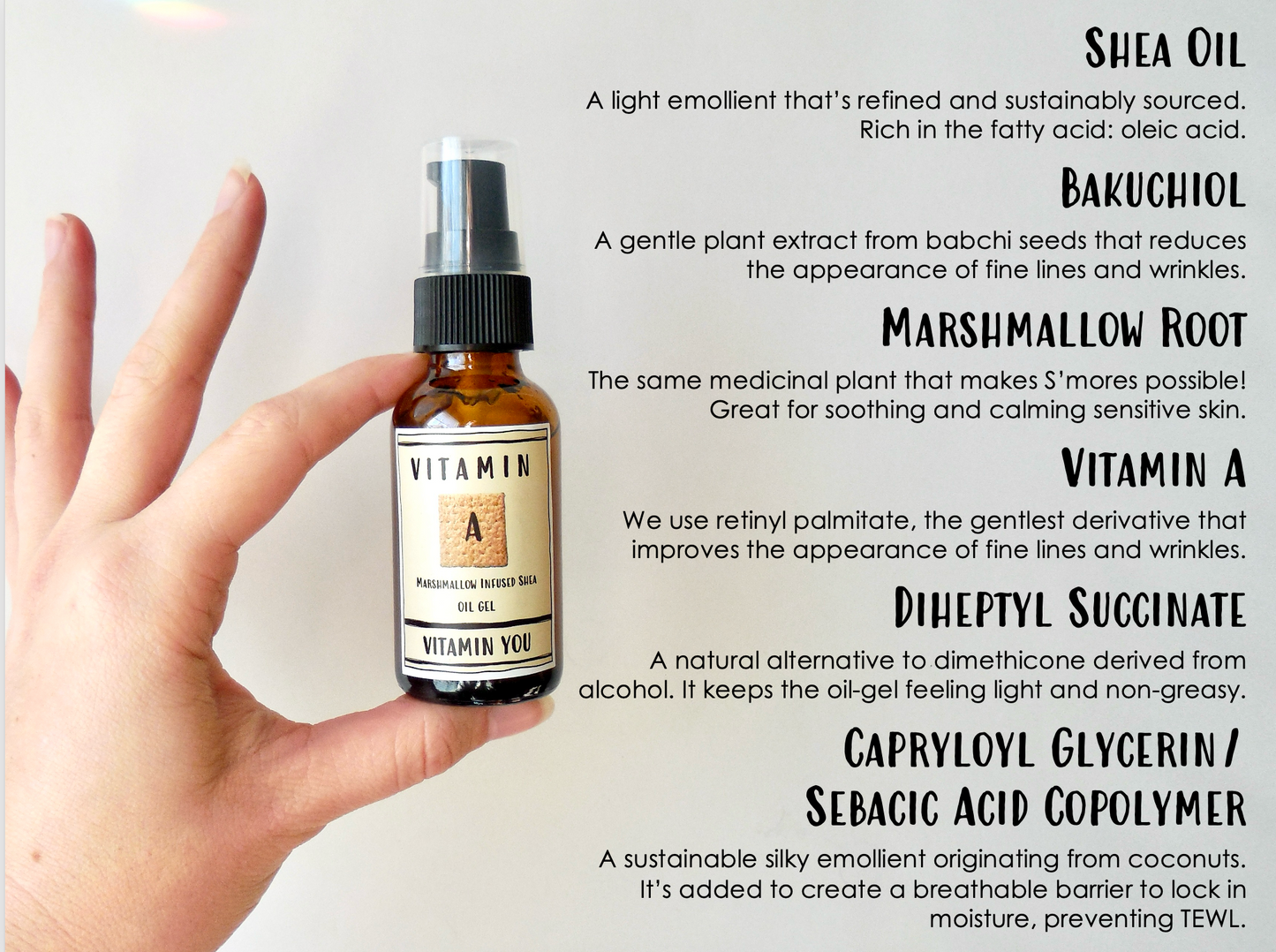 Key healthy ingredients highlighted made to target fines and wrinkles while being gentle enough for beginners and those with sensitive skin.