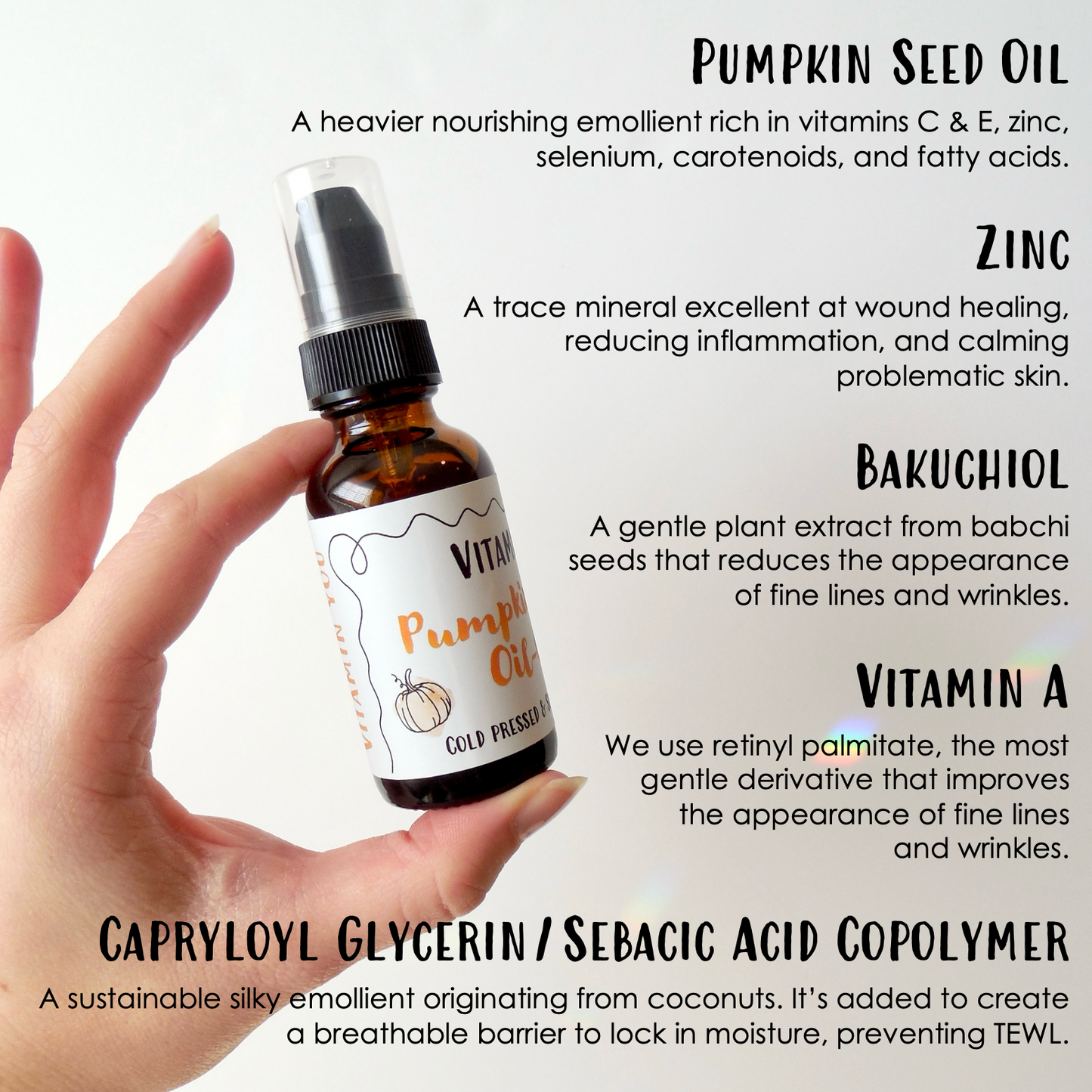 Key ingredients for our Vitamin A Pumpkin Oil-Gel! List includes: Pumpkin Seed Oil, Zinc, Bakuchiol, and Vitamin A retinyl palmitate.