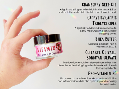 Ingredient Highlights including: Cranberry Seed Oil, triglycerides, shea butter, cetearyl olivate, and provitamin B5