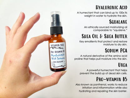 Ingredient Highlights including: Hyaluronic Acid, squalane, shea oil, sodium PCA, and provitamin B5