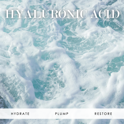 Ocean foam with the words "Hyaluronic Acid" at the top and "Hydrate", "Plump", and "Restore" at the bottom