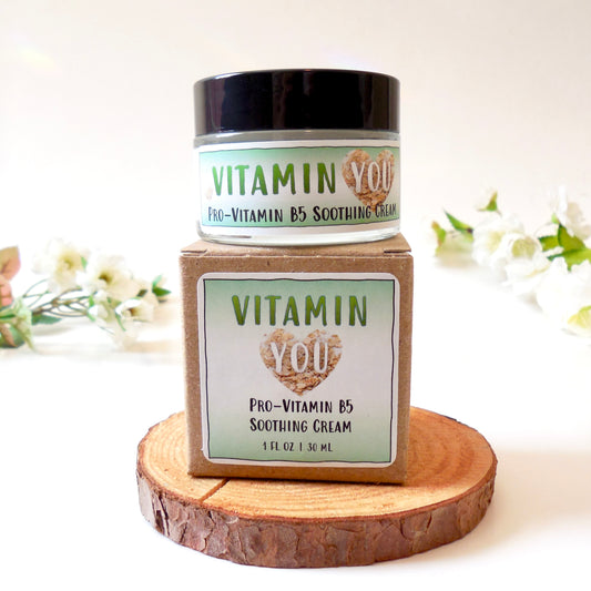 Vitamin You Vitamin B5 Soothing Cream 1oz Jar and box with a soft green and oatmeal heart theme