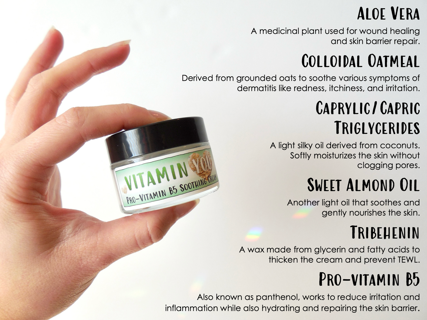 Ingredient Highlights including: aloe vera, colloidal oatmeal, triglycerides, sweet almond oil, and provitamin B5