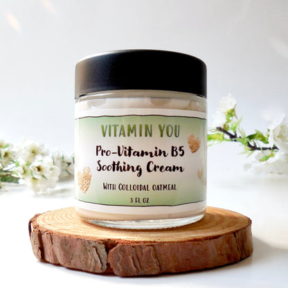 Vitamin You Vitamin B5 Soothing Cream 3oz Jar and box with a soft green and oatmeal heart theme