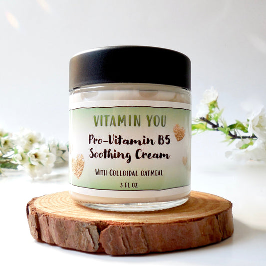 Vitamin You Vitamin B5 Soothing Cream 3oz Jar and box with a soft green and oatmeal heart theme