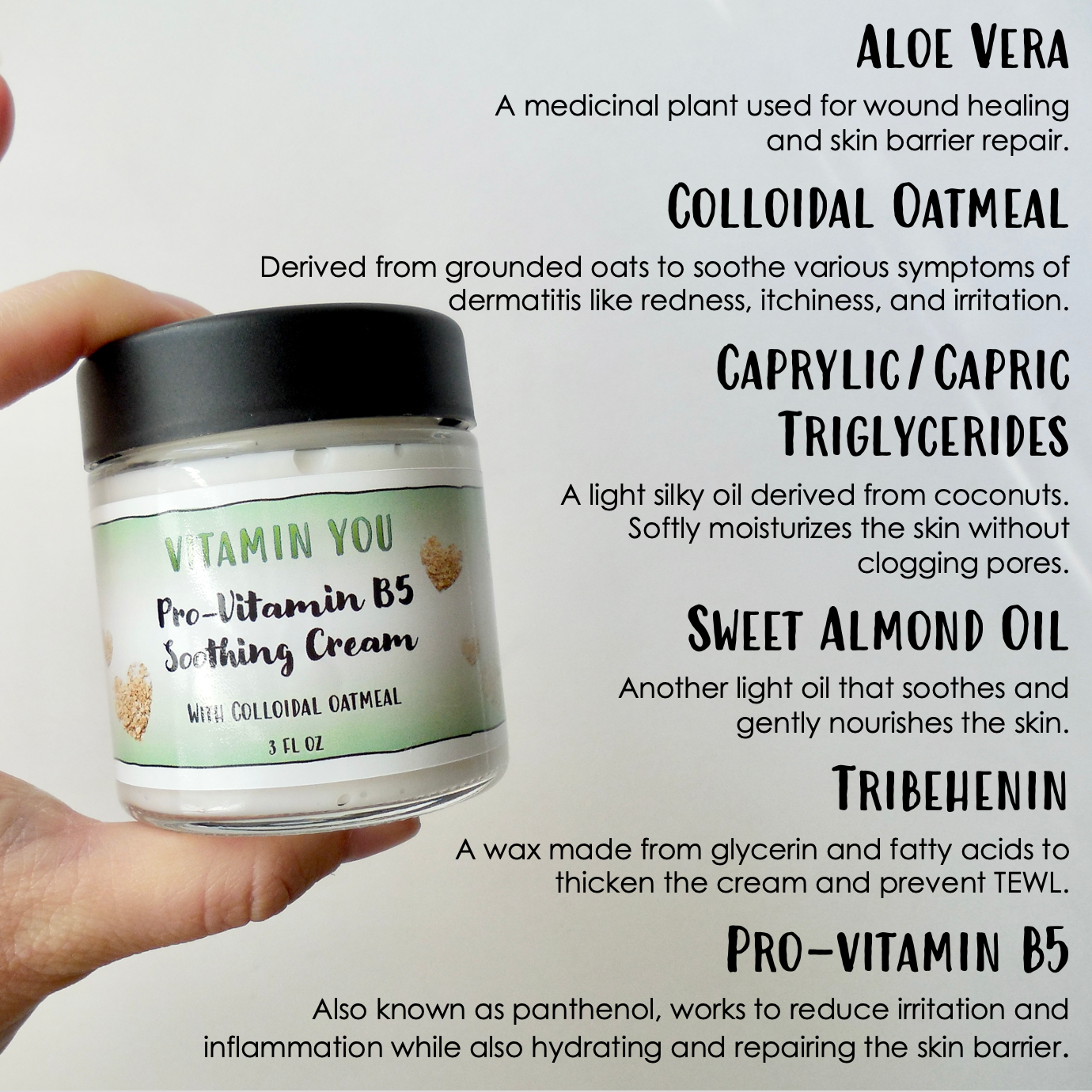 Ingredient Highlights including: aloe vera, colloidal oatmeal, triglycerides, sweet almond oil, and provitamin B5