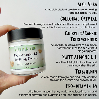 Ingredient Highlights including: aloe vera, colloidal oatmeal, triglycerides, sweet almond oil, and provitamin B5