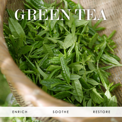 Green tea leaves in a basket with the words "Green Tea" at the top and "enrich, soothe, and restore" at the bottom.