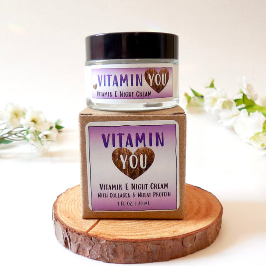 Vitamin You Vitamin E Night Cream jar and box with a purple theme
